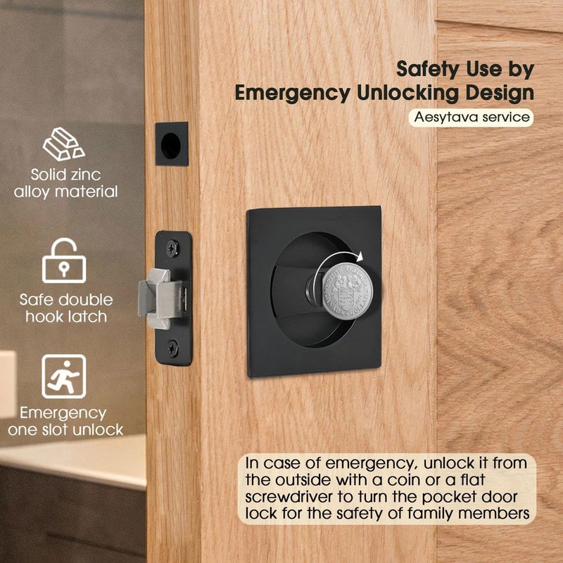 Aesytava Black Pocket Door Hardware, 2 3/8" Backset, Matte Black Pocket Door Lock for Bathroom, Heavy Duty Solid Square Pocket Door Hardware(2 Pack) - Image 2